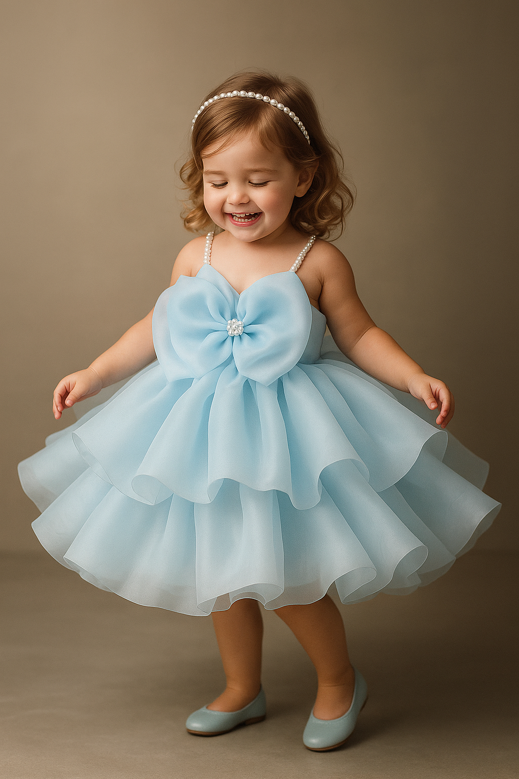 Pastel Blue Layered Bow Organza Frock