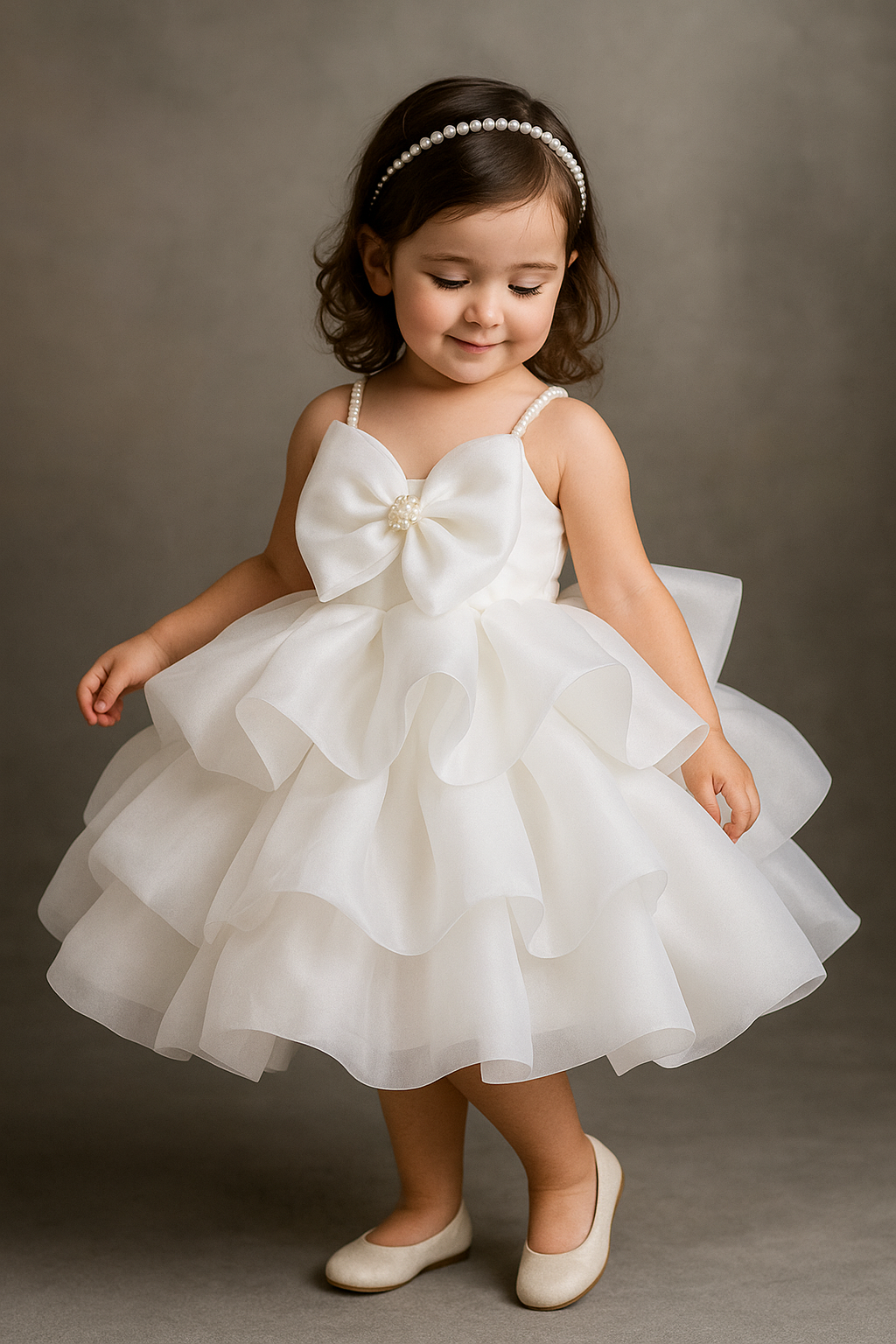 Pure White Pearl Bow Organza Frock