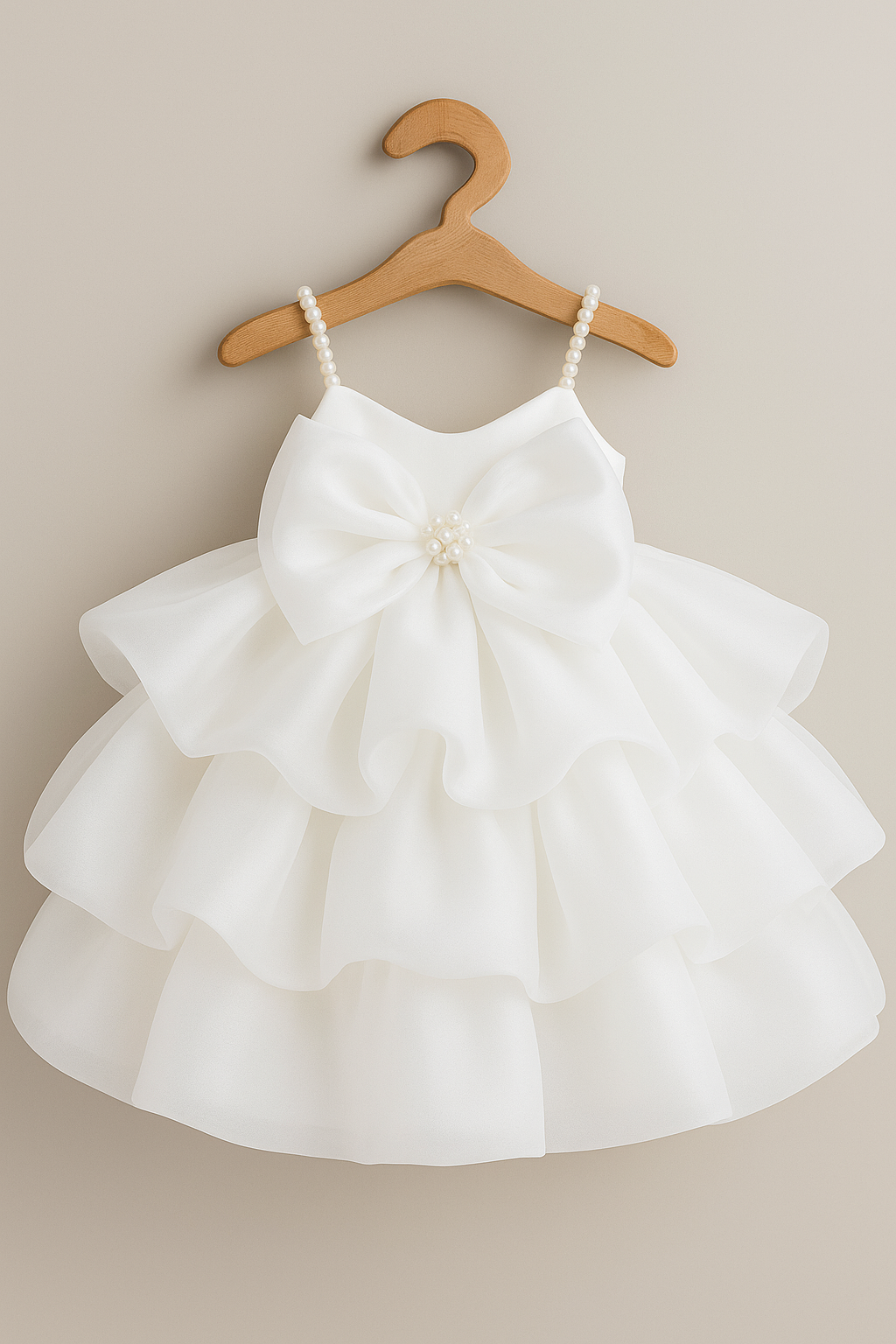 Pure White Pearl Bow Organza Frock